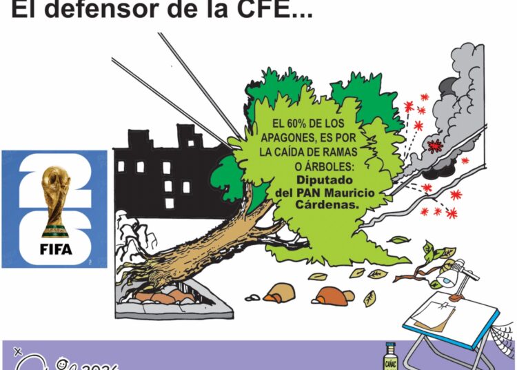 El defensor de la CFE y el misterio de los apagones: Una caricatura sobre Mauricio Cárdenas y la Copa del Mundo.